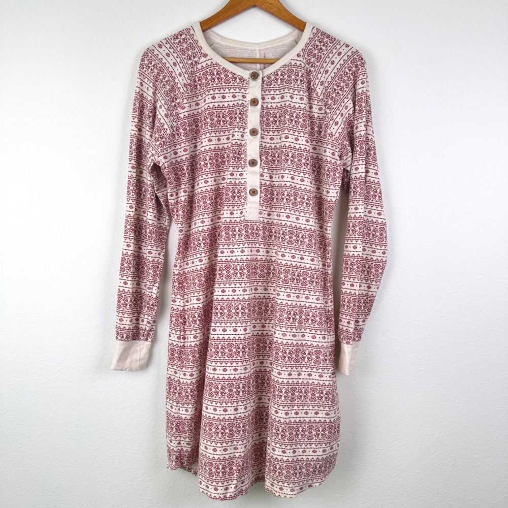Burt's Bees Baby Nightgown Womens L Red Fair Isle Bee Henley Classic Excellent